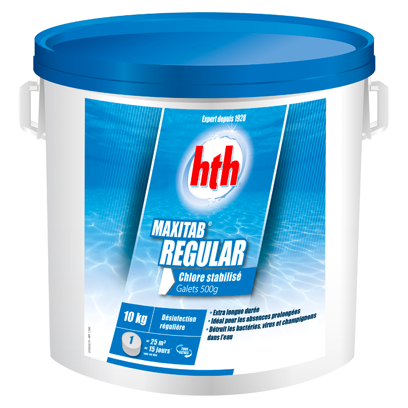 Chlore stabilisé HTH MAXITAB REGULAR désinfection régulière piscine galets 500g