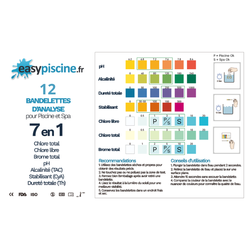 12 bandelettes d'analyse easyPiscine 7 en 1 pour piscine et spa