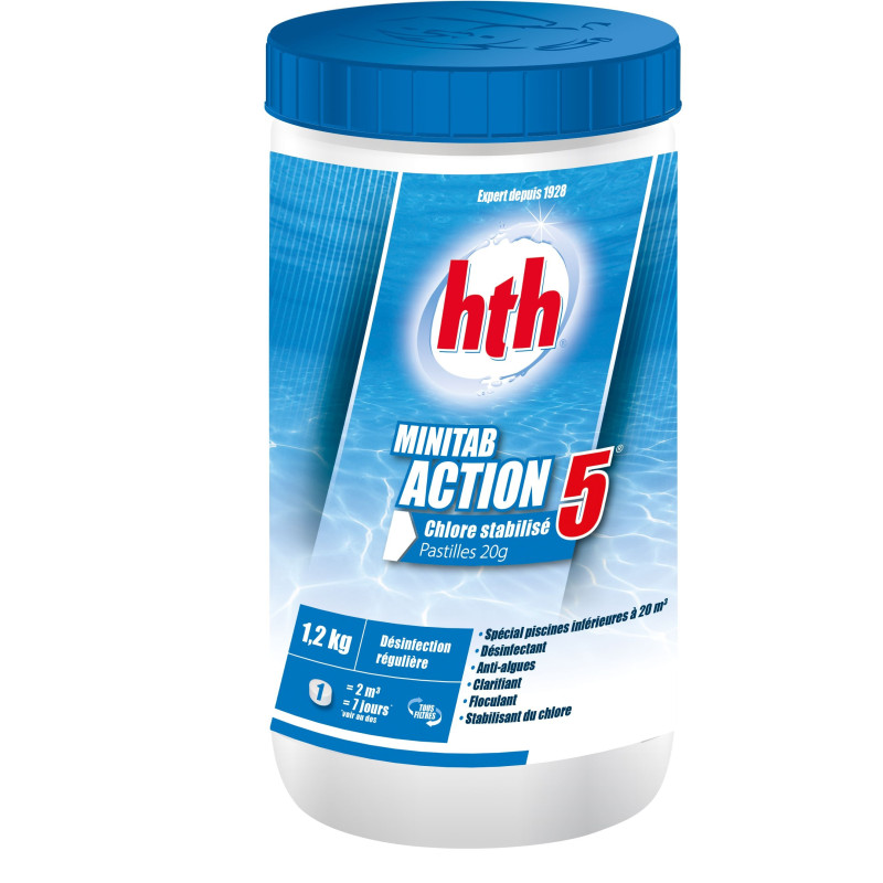 Chlore stabilisé multifonction HTH MINITAB ACTION 5 petites piscines Pastilles 20g