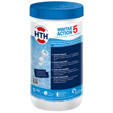 Chlore stabilisé multifonction HTH MINITAB ACTION 5 petites piscines Pastilles 20g