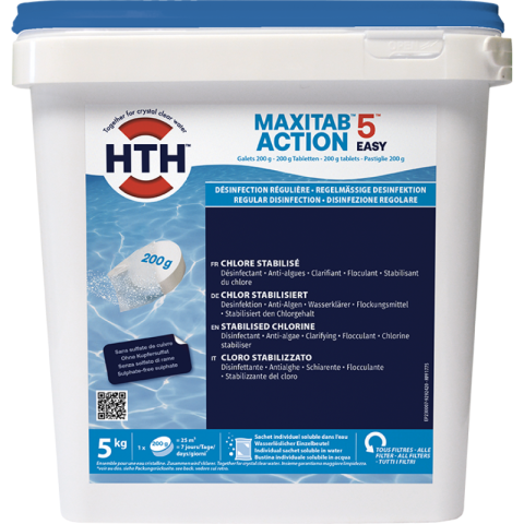 MAXITAB ACTION 5 EASY HTH Désinfection régulière multifonction piscine galets 200 g.