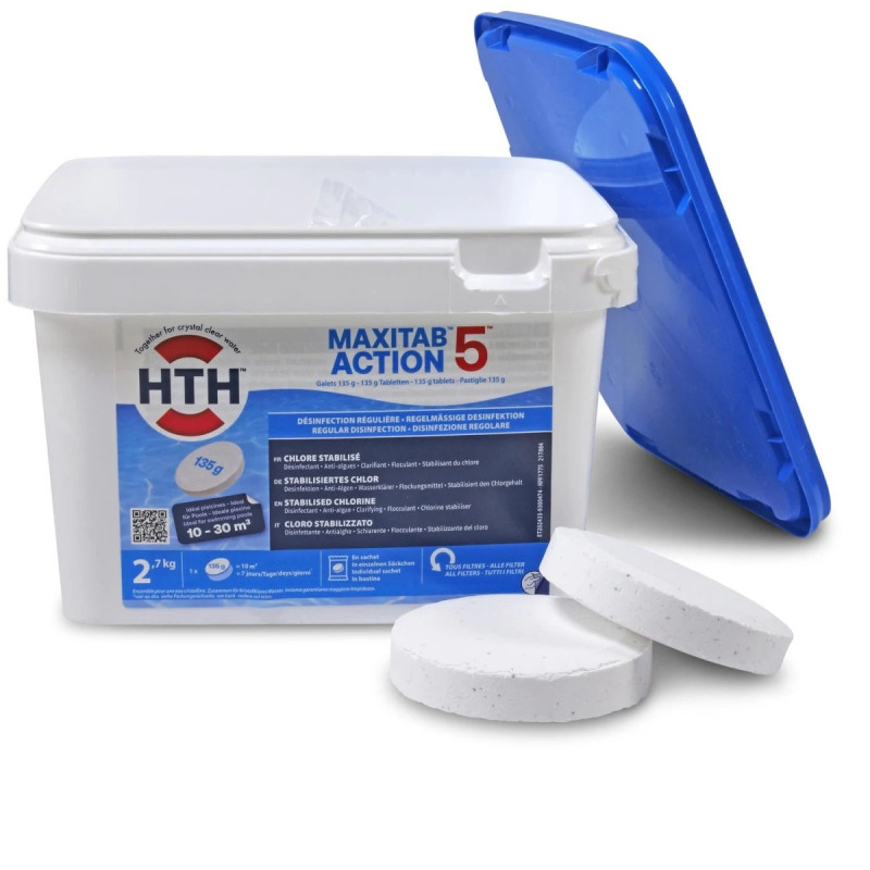 Chlore stabilisé MAXITAB ACTION 5 HTH piscines hors-sol 10 à 30 m3 Galet 135 g
