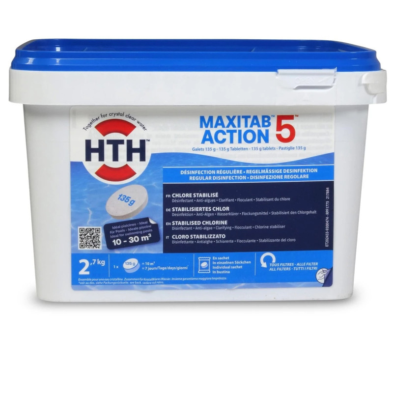 Chlore stabilisé MAXITAB ACTION 5 HTH piscines hors-sol 10 à 30 m3 Galet 135 g