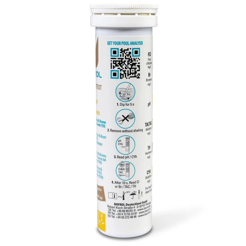 Bandelettes d'analyse Bayrol TEST Cl&Br/pH/TH/TAC/CYA