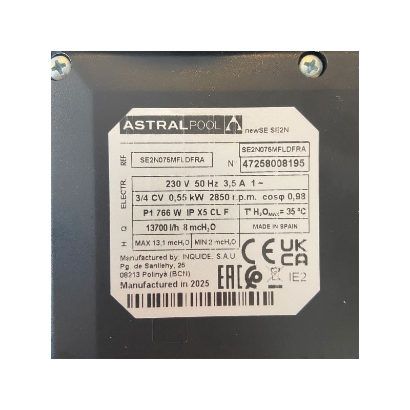 Pompe Filtration Astral New Europa - Série SE2N monophasé 11 m3/h Type 0,75 cv 0,55 kW - RECONDITIONNÉ